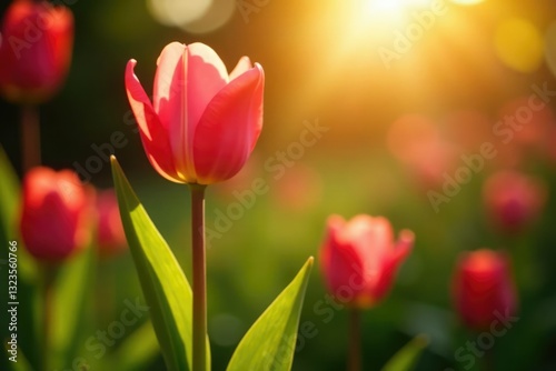 Pink tulip stem and leaves in a warm golden light, sunlight, warm, inviting