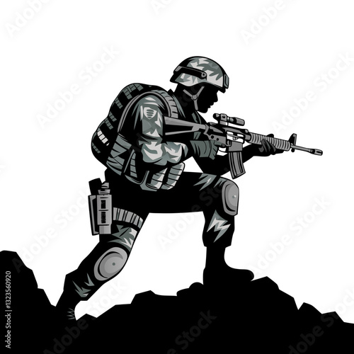Military Soldier Silhouette Vector Illustration Tactical Gear Rifle