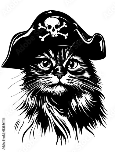 Pirate Cat With Skull Cap Vector Illustration for Tattoos and Posters