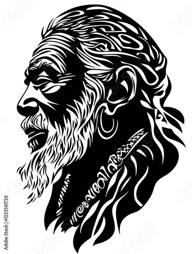 Detailed Tribal Elder Portrait Vector Art Design for Tattoos and Coloring Books