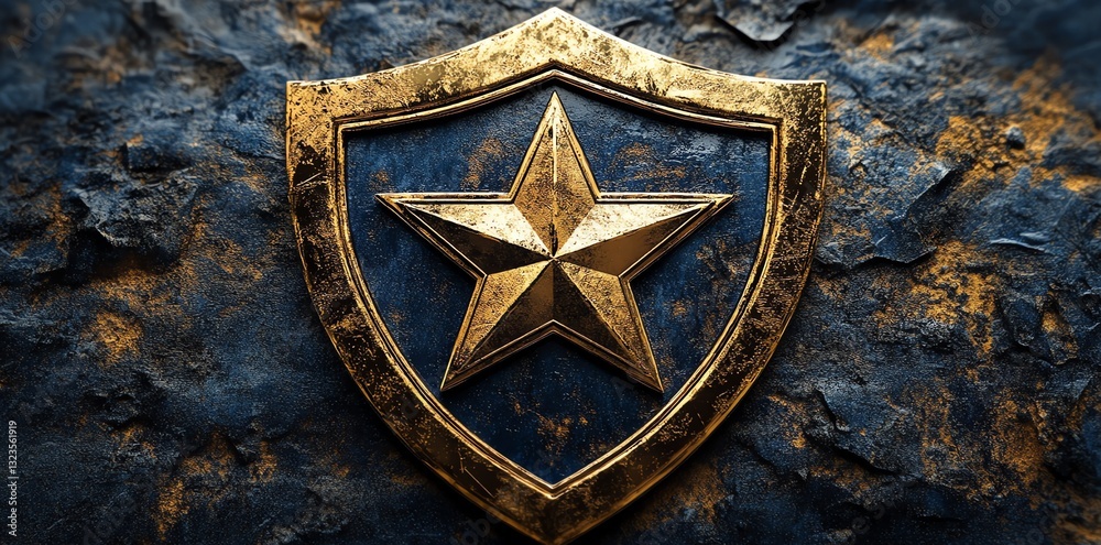 Golden Star Shield: A Majestic Emblem on Dark Stone Golden Star Shield: A Majestic Emblem on Dark Stone