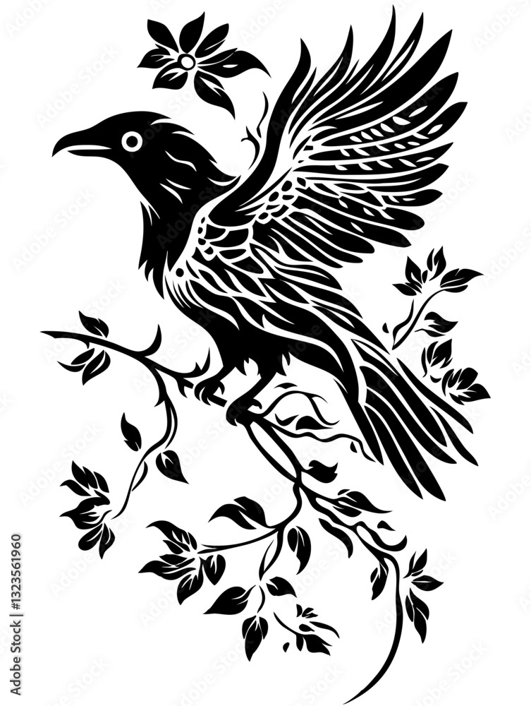 Naklejka premium Intricate Black Raven Silhouette on Branch with Leaves Vector Illustration