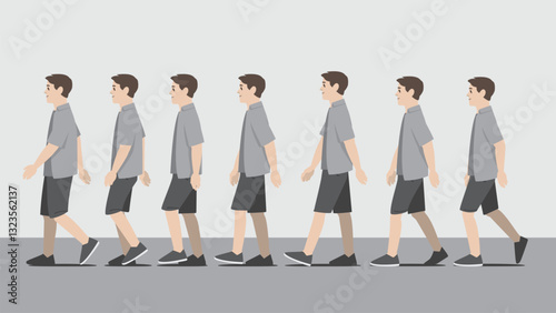 Animation of a man in open shirt walking in side view showing the step cycle sequence