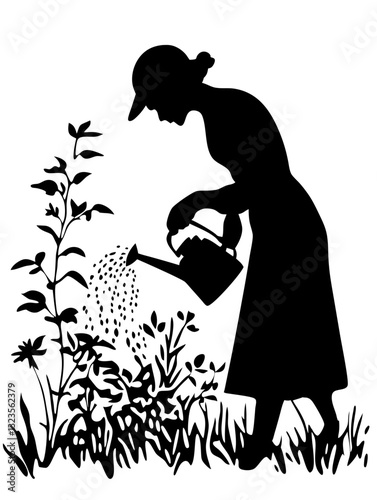 Silhouette Woman Watering Garden Plants Vector for Gardening Projects
