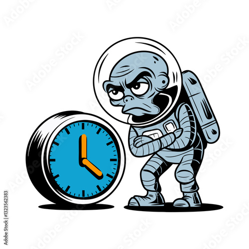 Angry Astronaut Cartoon with Large Clock Vector for Humorous Illustrations
