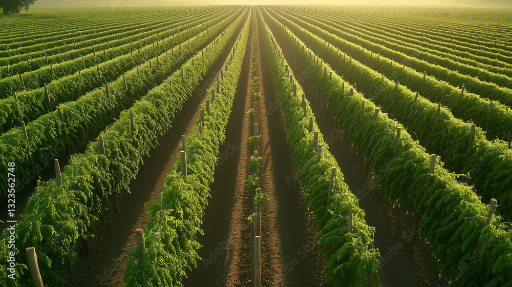 Fototapeta premium Expansive Green Indian Pepper Farm at Sunrise – Sustainable Agriculture and Organic Spice Cultivation