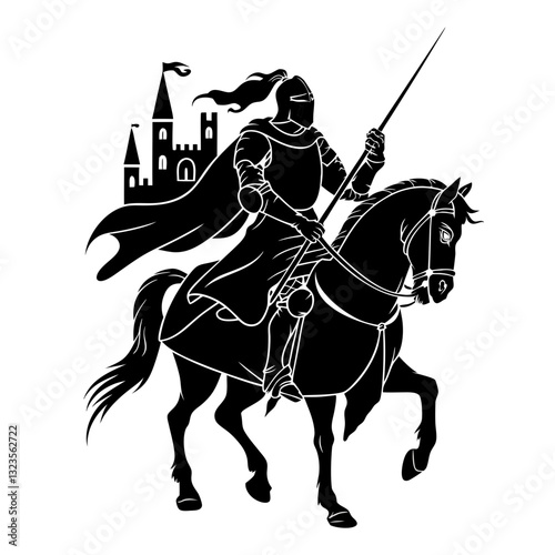 Medieval Knight on Horseback Silhouette with Castle Background for Fantasy Design