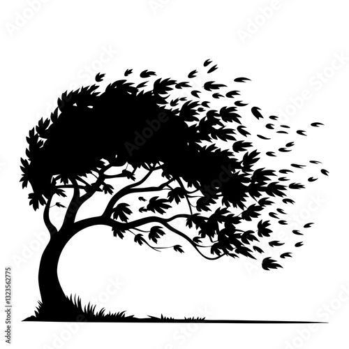 Windy Tree Silhouette with Leaves Blowing Vector Art for Nature Designs