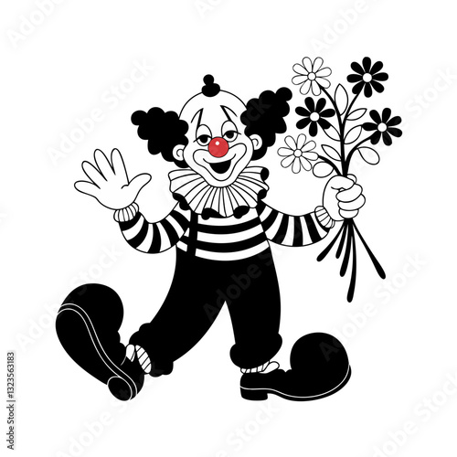 Happy Clown Holding Flowers Black And White Cartoon Illustration