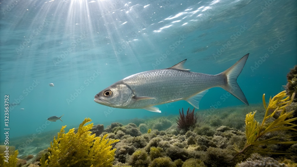 Naklejka premium Realistic Underwater Close-Up of a Silver Fish Swimming Among Coral