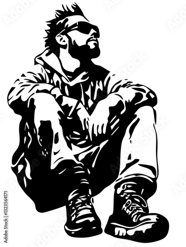 Cool Urban Streetwear Fashion Vector Man Sitting Relaxed Silhouette Art