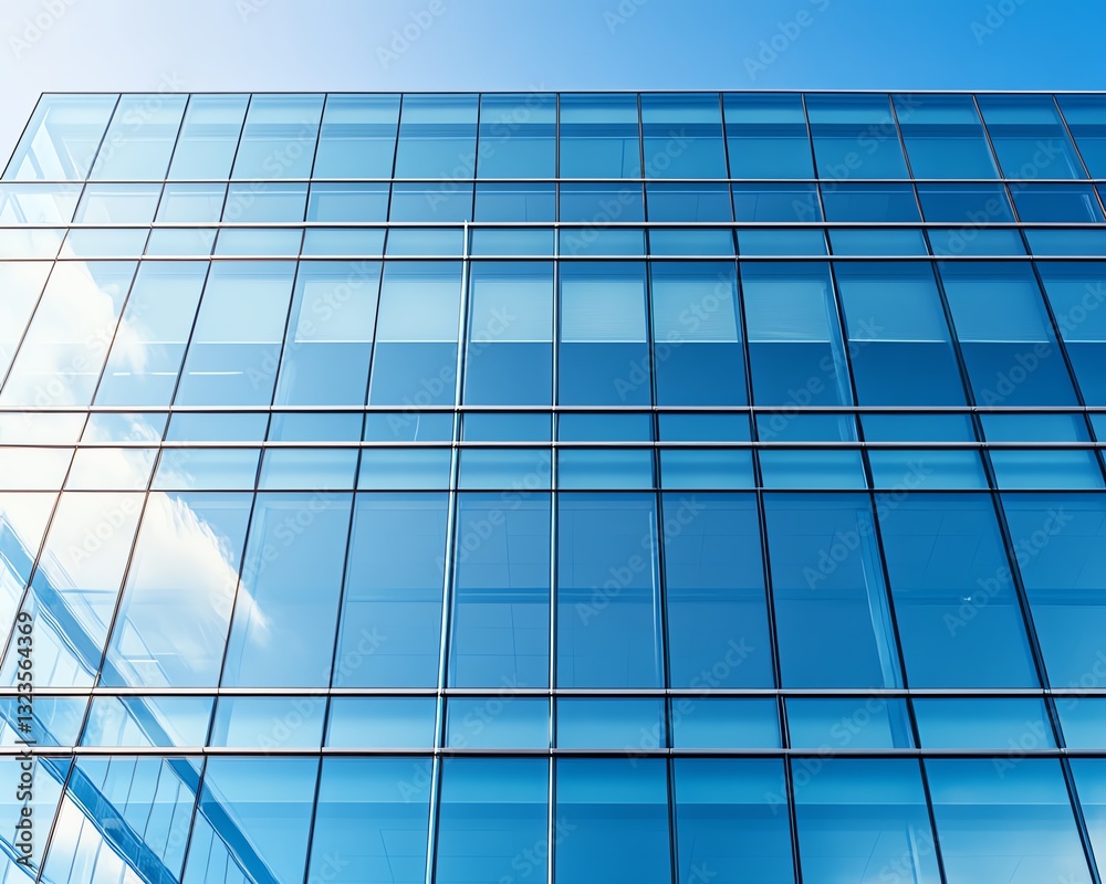 Modern glass facade of an office building with reflections on a clear day Modern glass facade of an office building with reflections on a clear day