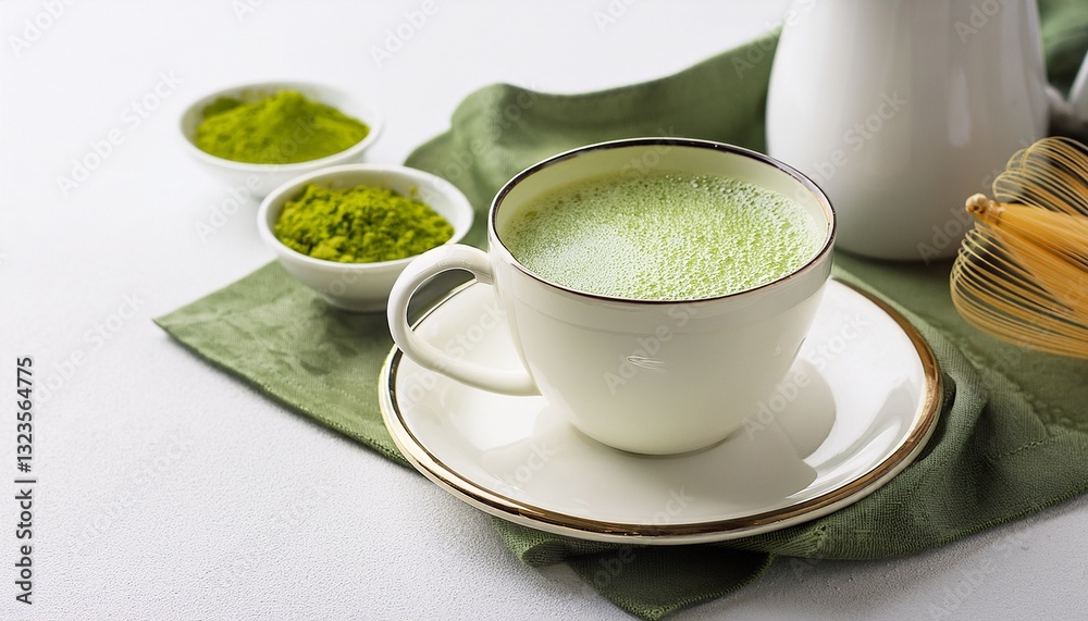 cup of matcha tea with milk on the white table