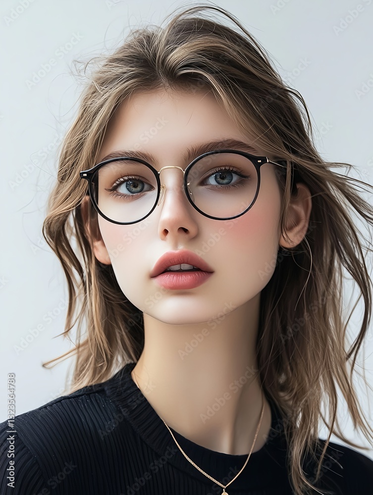 Fototapeta premium Stylish young woman wearing simple black round eyeglasses