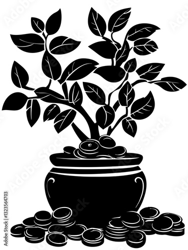 Money Plant Silhouette in Pot Vector Art for Wealth and Prosperity Designs
