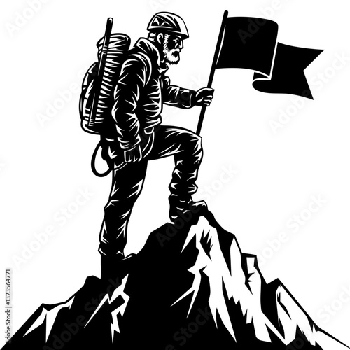 Mountain Climber Reaching Summit Holding Flag Vector Illustration
