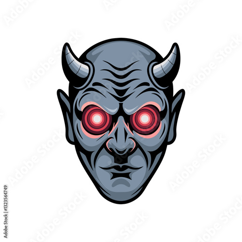 Sinister Demon Head Vector Design with Glowing Eyes for Tattoos and Halloween Themes