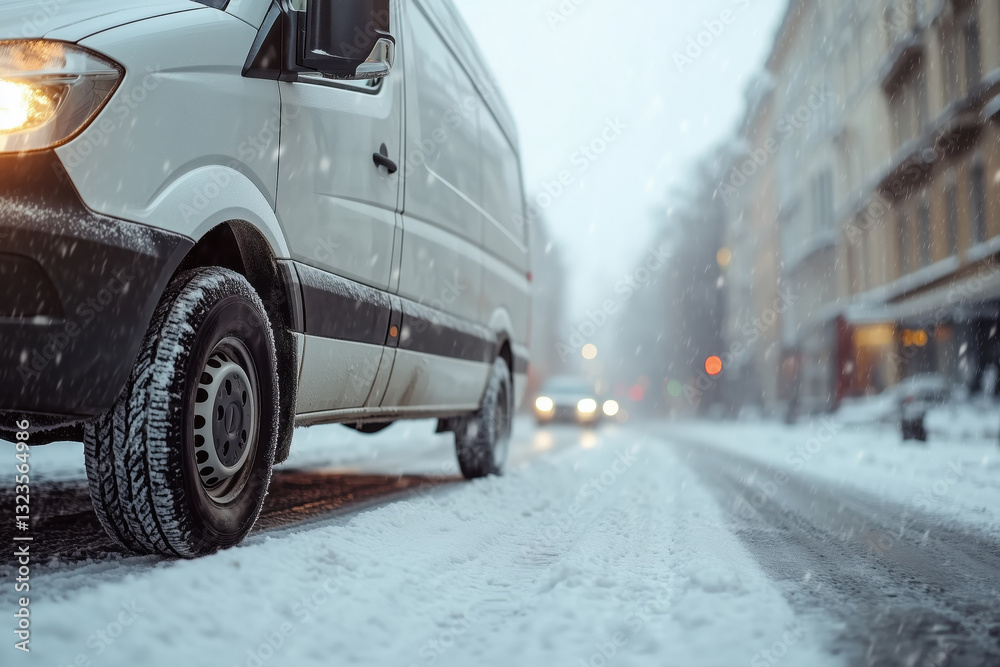 Naklejka premium Winter city logistics with a transport vehicle in snow