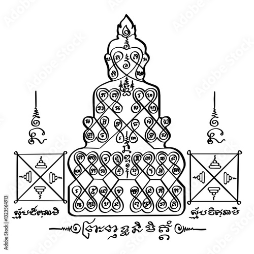 Thai traditional tattoo. Buddhanimitra Yantra or Buddha's Manifestation. Thai text translation: protection from harm, ward off evil, and bring blessings
