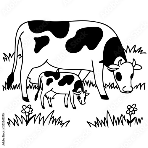 Farm Animals Calf and Cow Grazing in Pasture Vector Art for Kids and Educational Use