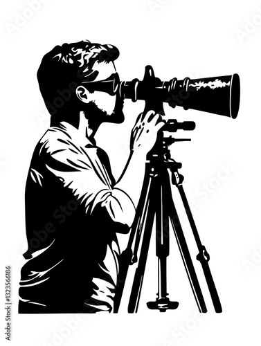 Silhouette Man Observing Telescope Astronomy Enthusiast Artwork