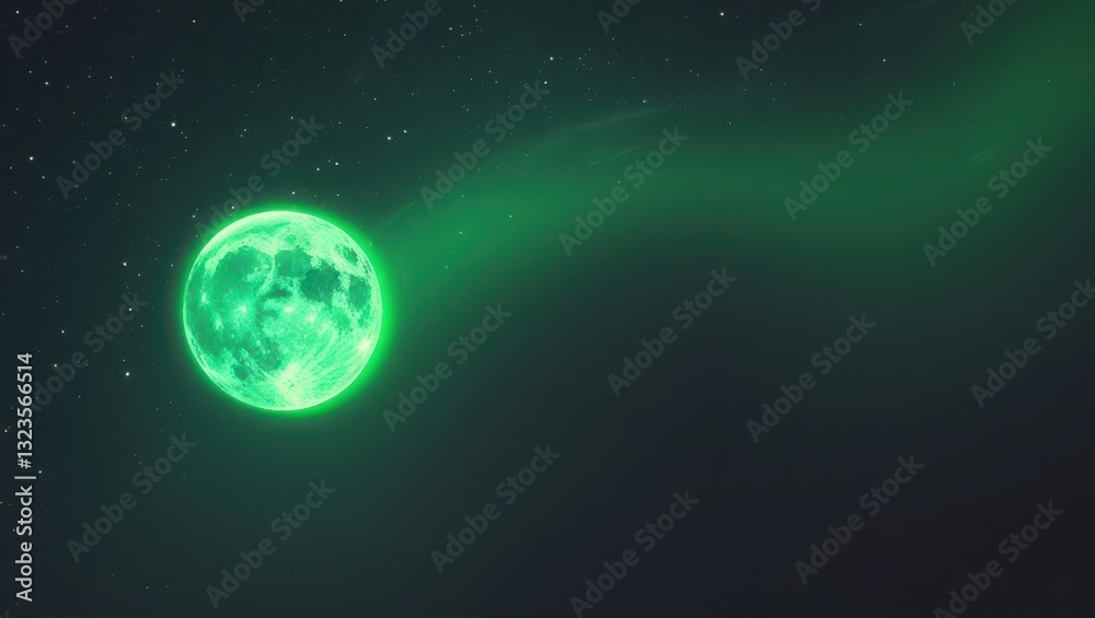 Obraz premium Mysterious glowing green moon in starry night sky - surreal atmosphere concept