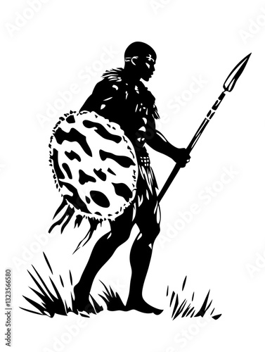 African Warrior Silhouette with Spear and Shield Vector Art