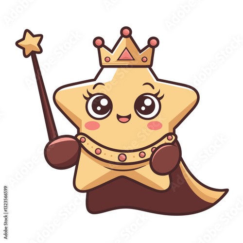Cute Smiling Star Princess with Crown and Magic Wand Vector Illustration