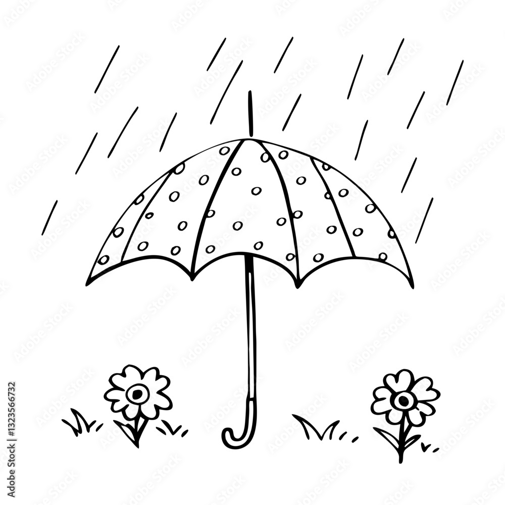 Umbrella and Flowers in Rain Vector Illustration for Children’s Coloring Books Umbrella and Flowers in Rain Vector Illustration for Children’s Coloring Books