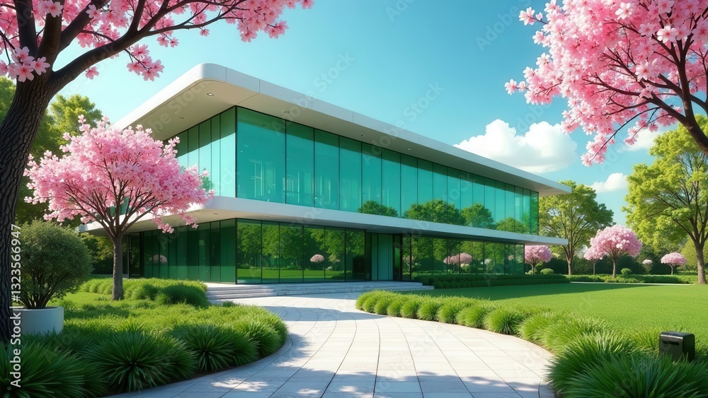 Obraz premium Modern Glass Building in a Spring Landscape with Blooming Trees and Landscaped Pathway