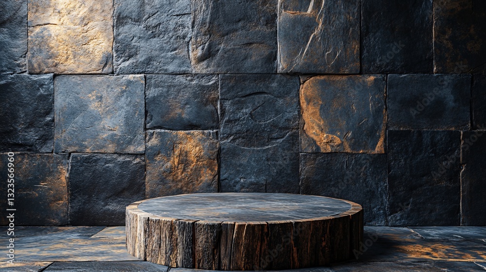 Fototapeta premium A rustic wooden display platform against a stone brick wall background