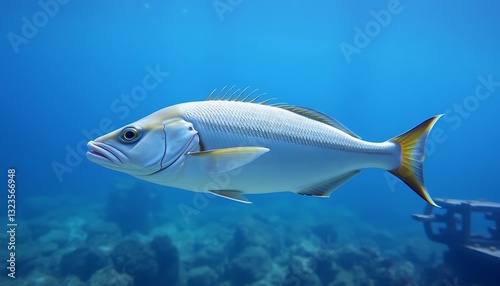 Lone Fish Swimming Gracefully in Blue Ocean Waters Close to the Reef.