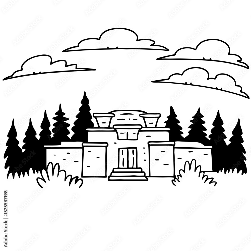 Fototapeta premium Ancient Temple in Forest Illustration with Cloudy Sky for Art Projects and Design