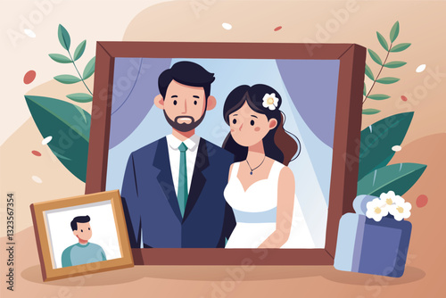 Couple celebrating their wedding day in a cozy setting with plants and colorful decorations in the background