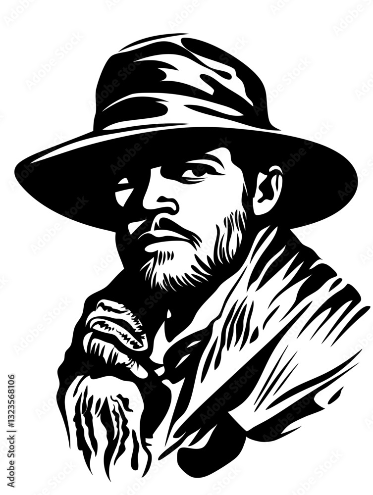 Mysterious Man in Hat Vector Illustration for Art and Design Mysterious Man in Hat Vector Illustration for Art and Design