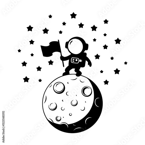 Astronaut Standing on Moon Holding Flag Surrounded by Stars Vector Illustration