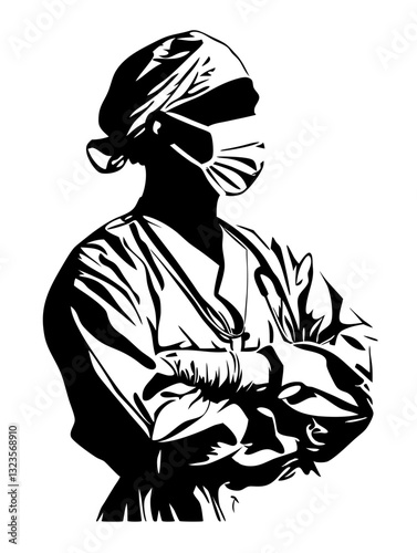 Medical Professional Silhouette with Mask and Scrubs Illustration