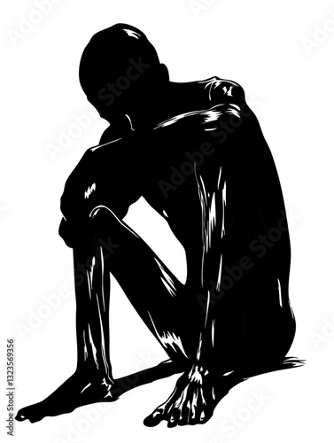 Silhouette Seated Human Figure Reflective Pose Vector Art for Meditation and Therapy