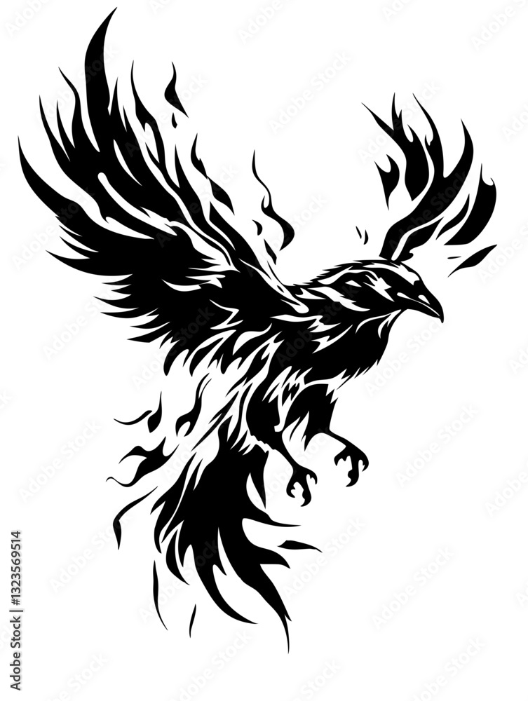 Fototapeta premium Majestic Flaming Raven Silhouette Vector Illustration for Tattoos and Design
