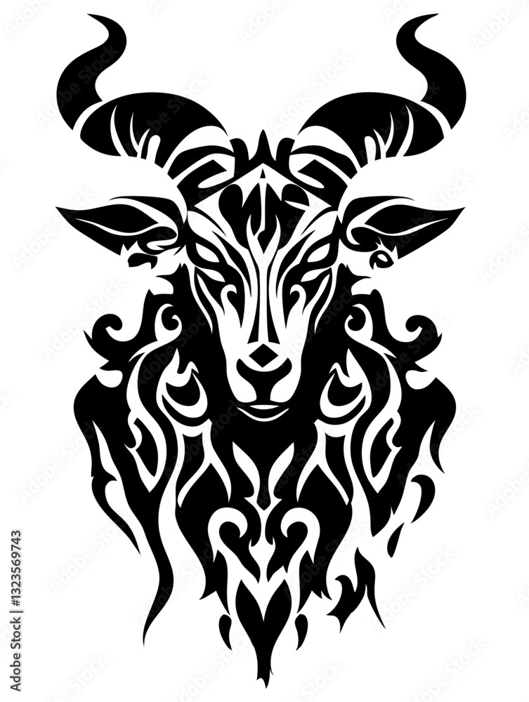 Fototapeta premium Tribal Goat Head Silhouette Vector Art for Tattoos and Designs