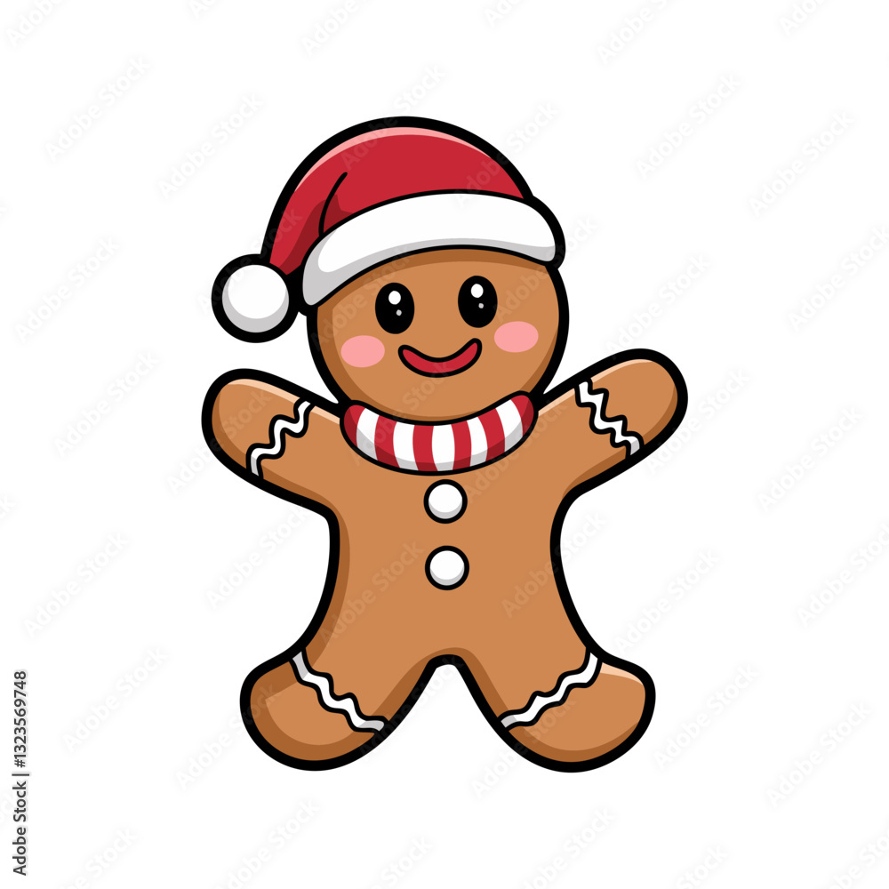 Christmas Gingerbread Man with Santa Hat and Scarf Vector Art Christmas Gingerbread Man with Santa Hat and Scarf Vector Art
