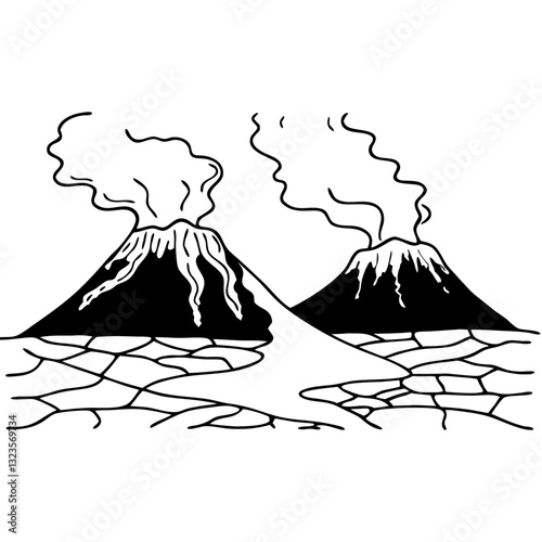 Volcanic Eruption Vector Art with Two Smoking Mountains for Educational and Creative Use