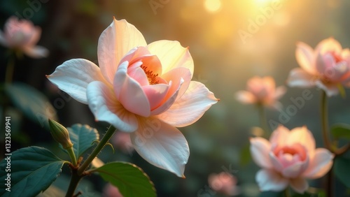 A Delicate Pink Rose Blossom Illuminated by the Golden Hues of Dawn in a Serene Garden Setting