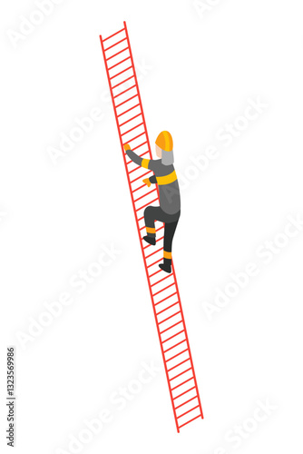 Firefighter isometric icon with firefighters engaged in extinguishing of burning. Firefighters career concept design. Saving people vector illustration