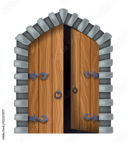 Medieval gate, open. Castle medieval door. Cartoon ancient fortress wooden gate or tower arch door. Stone arch with metal hinges for entry. Vintage city entrance, vector illustration