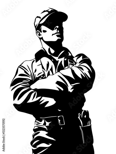 Strong Confident Man Silhouette in Uniform Arms Crossed Vector Illustration