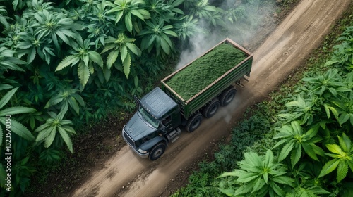 Road landscape rural aerial view of a Loaded Truck Driving Through Dense Green Fields medical cannabis or marijuana.
