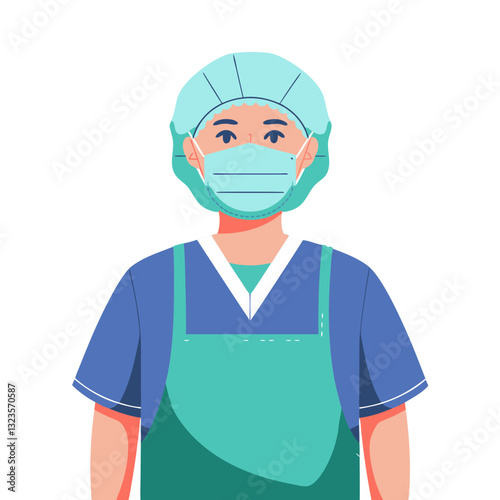 Medical Professional in Surgical Attire with Mask and Cap Vector Illustration