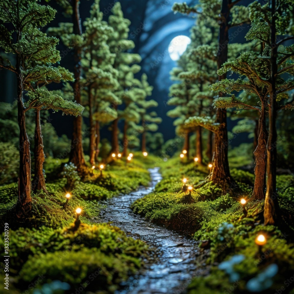 A tiny forest with glowing path and small trees surrounded by moss. Generated AI A tiny forest with glowing path and small trees surrounded by moss. Generated AI
