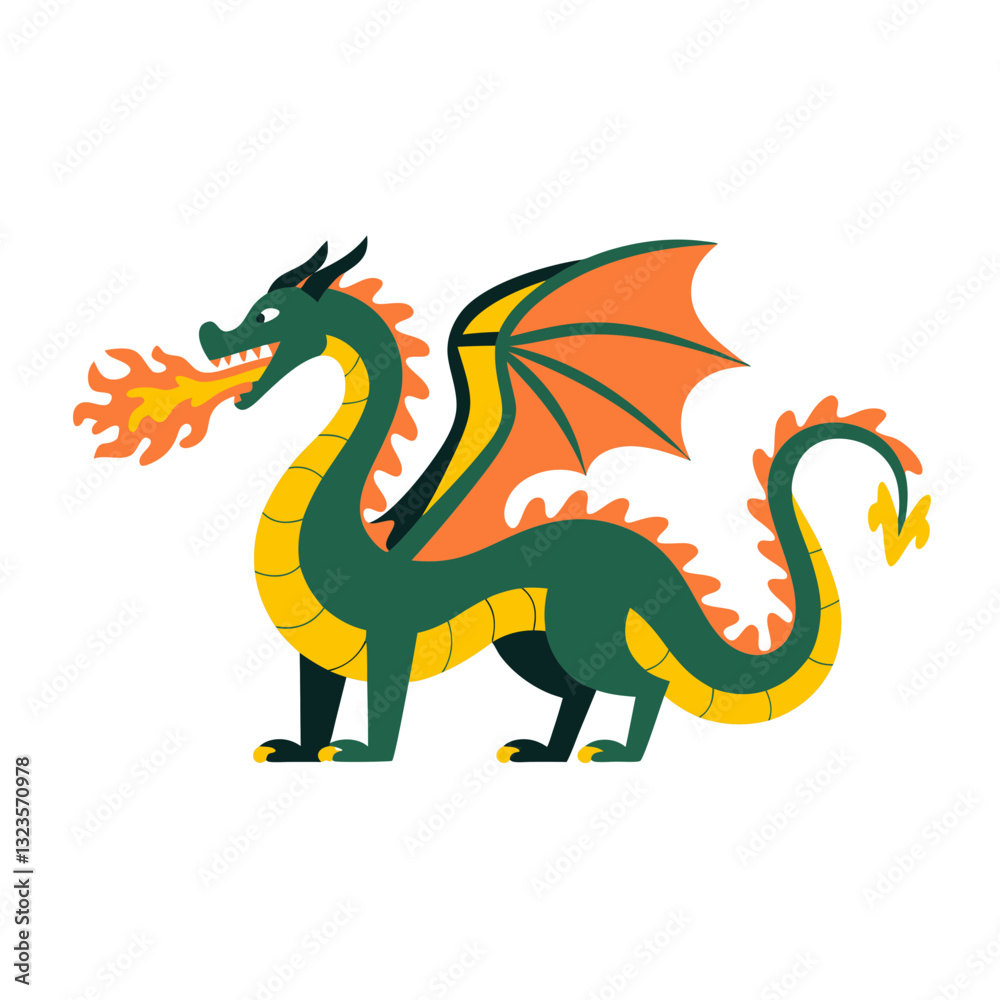 Obraz premium Vibrant Fire-Breathing Dragon Illustration for Fantasy Themes and Tattoo Designs